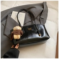 Large black patent leather tote bag with gold logo and cute teddy bear charm - Black with Pendant