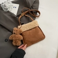 Brown faux suede crossbody bag with plush trim and cute bear keychain charm - Khaki With Pendant