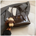Dark brown faux leather shoulder bag with gold logo and cute teddy bear pendant - Coffee with Pendant