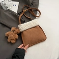 Brown frosted shoulder bag with white plush trim and cute bear charm pendant - Cream White With Pendant