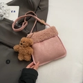 Pink plush frosted crossbody bag for women with a cute brown bear charm accessory - Pink with Pendant