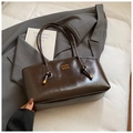 Dark brown high-gloss leather shoulder bag with gold lettering and knotted strap - Coffee without Pendant
