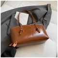 Brown oil wax leather tote bag with gold logo and knotted handles for daily commute - Yellow Brown No Pendant