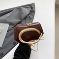 Macro detail of wine red leather mini bag featuring gold circular handle and dual zippers - Brown