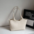 Chic beige pleated leather tote bag with long knot handles for women casual wear - Off-white (No Pendant)