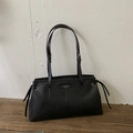 Minimalist black tote bag in textured faux leather with drawstring side ties - Black without Pendant