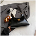 Chic black wrinkled hobo bag with gold buckle and cute brown bear keychain - Black with Pendant