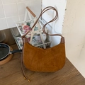 Caramel brown suede crescent bag with slim leather straps and minimalist vintage design - Brown No Pendant