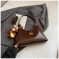 Deep brown glossy PU leather underarm bag with gold buckle and cute teddy bear charm - Coffee with Pendant