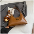 Caramel brown oil-wax leather hobo bag with a cute teddy bear charm and strap - Brown with Pendant