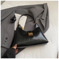 Minimalist black patent leather underarm bag with vintage crinkle texture and gold hardware - Black without Pendant
