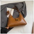 French vintage brown leather underarm bag with gold buckle and adjustable long strap - Brown No Pendant