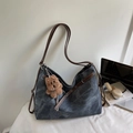 Grand cabas rétro en toile grise avec anses en cuir marron et breloque chien - Bleu (Avec Pendentif)