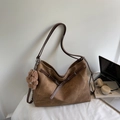 Vintage brown suede tote bag with decorative cross straps and a cute plush bear keychain - Brown (With Charm)