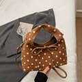 Brown polka dot crossbody dumpling bag with bow detail and leather shoulder strap - Brown