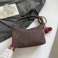 Deep brown suede hobo bag with leather strap and decorative colorful beaded tassel charm - Coffee (With Charm)
