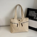 Minimalistische beige Canvas-Einkaufstasche mit zwei Reißverschlusstaschen und Schultergurt - Khaki