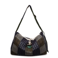 Retro patchwork plaid tote bag in dark green and navy blue with a horn buckle closure - Blue