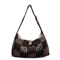 Vintage plaid hobo shoulder bag with checkered wool fabric and toggle horn closure - Coffee
