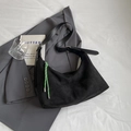 Minimalist black faux suede tote bag with contrast green woven charm for women - Black