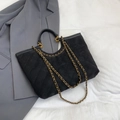 Chic black quilted tote bag with gold chain strap and large diamond lattice pattern - Black