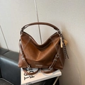 Large vintage dark brown tote backpack with contrast stitching and decorative charm - Brown with Pendant