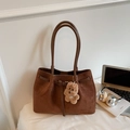 Brown faux suede tote bag with plush charm, minimalist commuter shoulder bag style - Brown with Pendant