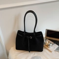 Minimalist black suede tote bag with slim straps and silver buckle for daily commuting - Black without Pendant