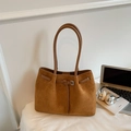 Minimalist caramel brown suede tote bag with metal buckle and long shoulder straps - Khaki No Pendant