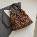 Large leopard print suede tote bag with brown leather shoulder strap in casual autumn style - Leopard Brown