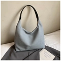 Grey fabric tote bag with black leather handles minimalist stylish large shoulder bag - Blue