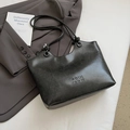 Minimalist vintage large capacity dark grey leather tote bag with embossed logo - Black without Pendant