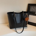 Classic black large capacity tote bag with brown plush bear charm for daily commute - Black with Pendant