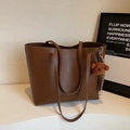 Brown large capacity tote bag in matte PU leather with cute plush bear charm accessory - Coffee with Pendant