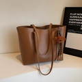 Brown large-capacity tote bag with cute plush bear pendant and smooth PU leather finish - Brown with Pendant