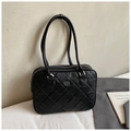 Detailed close-up of black quilted shoulder bag featuring elegant diamond lattice stitching - Black Small Without Pendant