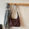 Dark brown suede tote bag for women with wide shoulder strap in home setting - Without Pendant / Brown