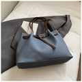 Minimalist large fog blue canvas tote bag with dark brown leather handles for women - Dark Blue Without Pendant
