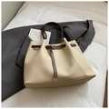 Beige canvas tote bag with dark brown straps and decorative leather buckle detail - Rice White (No Pendant)