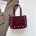 Borsa tote vintage in pelle scamosciata bordeaux con occhielli metallici e manico corto - Rosso