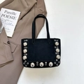 Borsa tote vintage in pelle scamosciata nera con borchie argentate e doppi manici - Nero