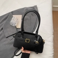 Minimalist black rectangle faux leather shoulder bag with chic gold buckle accent - Black