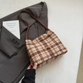 Retro plaid shoulder bag in brown tweed with golden bow and long leather straps - Khaki