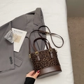 Leopard print bucket bag with dark brown leather trim and golden metal hardware - Coffee No Charm