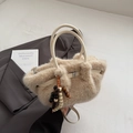Beige plush faux fur tote bag with decorative wooden bead tassel and metal buckle - With Charm / Khaki