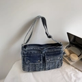 Retro dark blue washed denim tote bag with functional front pockets and wide strap - Denim Blue