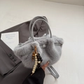 Chic light gray faux fur bucket bag with pleated texture and colorful beaded charm - With Charm / Gray
