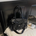 Black glossy vintage pleated tote bag with adjustable strap and drawstring design - Black