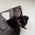 Fashionable black faux fur handbag with stylish wooden bead charm and silver metal lock - With Charm / Black