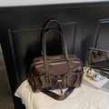 Dark brown pleated tote bag in glossy leather with silver drawstring for daily commute - Brown